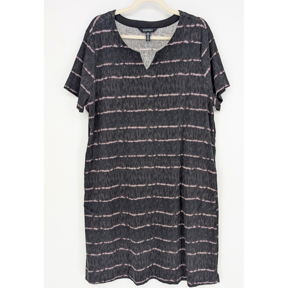 Ellen Tracy T-Shirt Dress XXL Black Gray Striped Short Sleeve‎ Casual Boho Beach